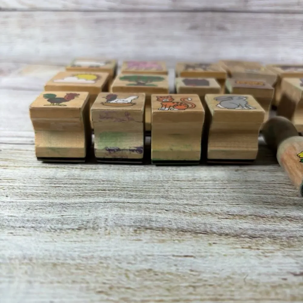 Farmhouse Wooden Rubber Stamp Lot of 17 Barnyard Animals Tractor Scrapbook